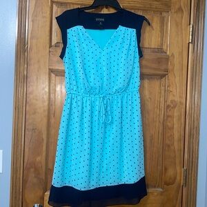Polkadot teal/navy blue cap sleeve mid length dress size 10 by Enfocus Studio.